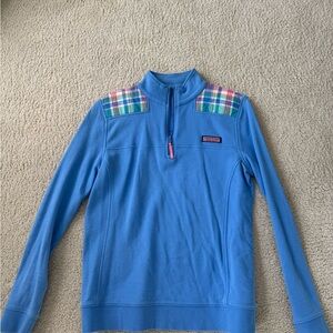 Vineyard Vines Blue Quarter-Zip Pullover Sweater with Plaid Shoulder Accents
